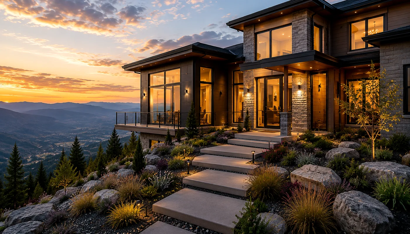 Custom modern mountain home exterior at sunset