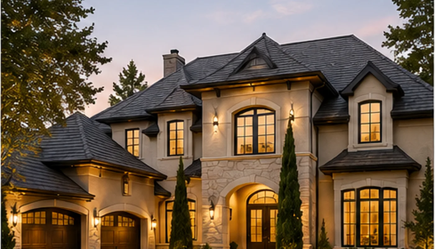 Large French-style estate exterior at dusk