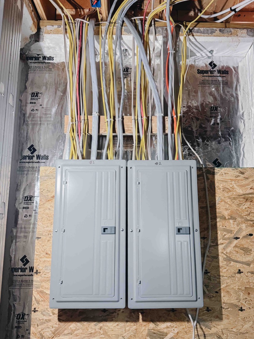 Main breaker panel after — cleanly organized wiring with doors closed