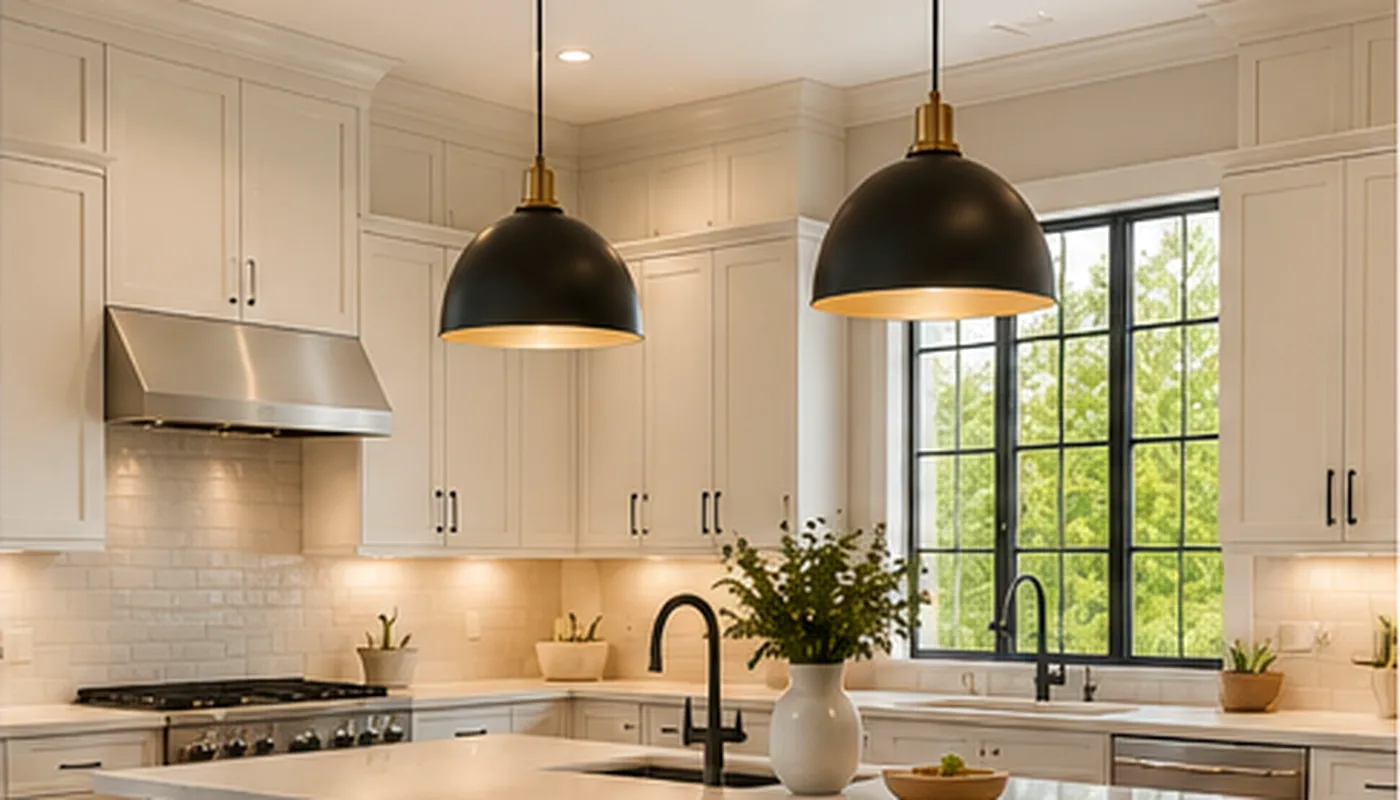 Finished kitchen interior with pendant lighting